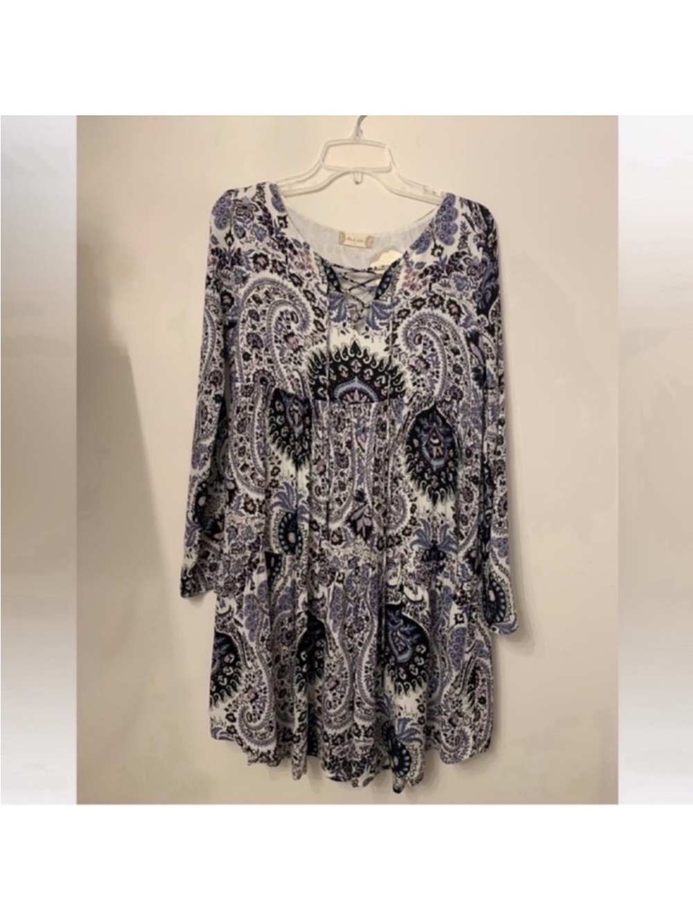 Altar’d State Paisley Boho mini Dress Sz S Long Sleeve Tiered black lilac NWT
